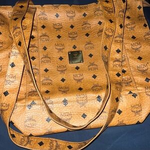 MCM Cognac Visetos Monogram Tote with Gold Plaque